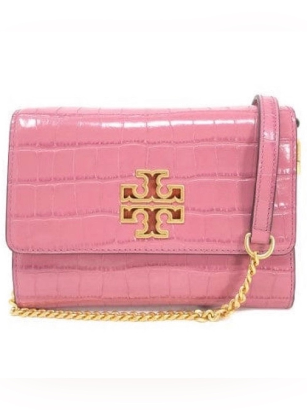 Tory Burch Pink Croc-Embossed Chain Crossbody with Gold Logo